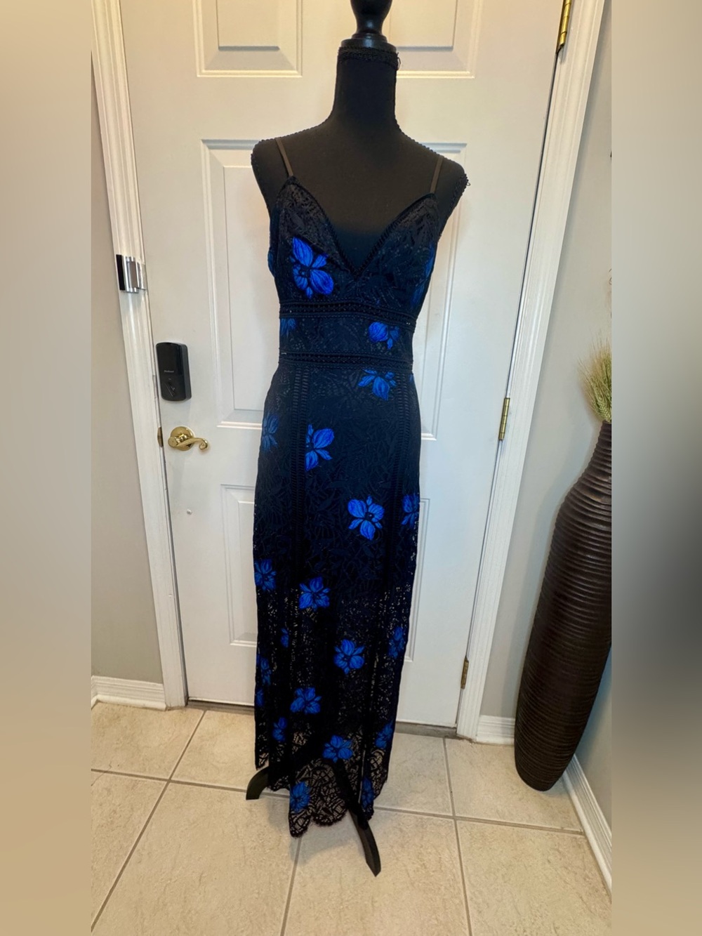 Bebe Black Maxi Dress with Blue Floral Accents - Women's Elegant Evening Dres